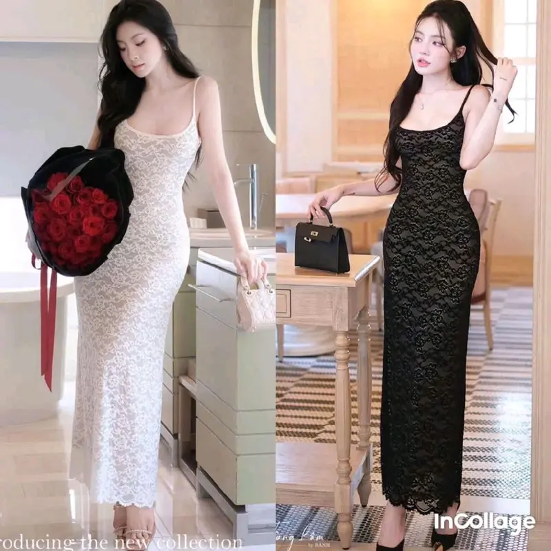 Váy ren nhung mịn 2 dây dáng dài , 2 lớp lót xịn nd 0