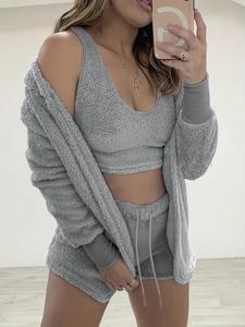 Women's Solid Drop Shoulder Plush Hoodie Jacket & Drawstring Waist Shorts & Crop Tank Top Three-piece Set, Casual Fashion Cozy Breathable Three Piece Outfits for Daily Outdoor Wear, Women Clothes for Fall & Winter