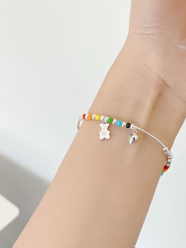 S925 Sterling Silver Cute Bear & Colorful Beads Decor Bracelet, Fashionable Jewelry for Women & Girls, Trendy All-match & Exquisite Jewelry for Birthday Gift 3