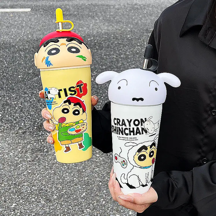 Bình Nước, Bút Chì Màu Shin Chan, Đầu To, Bình Giữ Nhiệt Ngớ Ngẩn, Dung Tích Lớn 600ml, Có Ống Hút, Cốc Quà Tặng