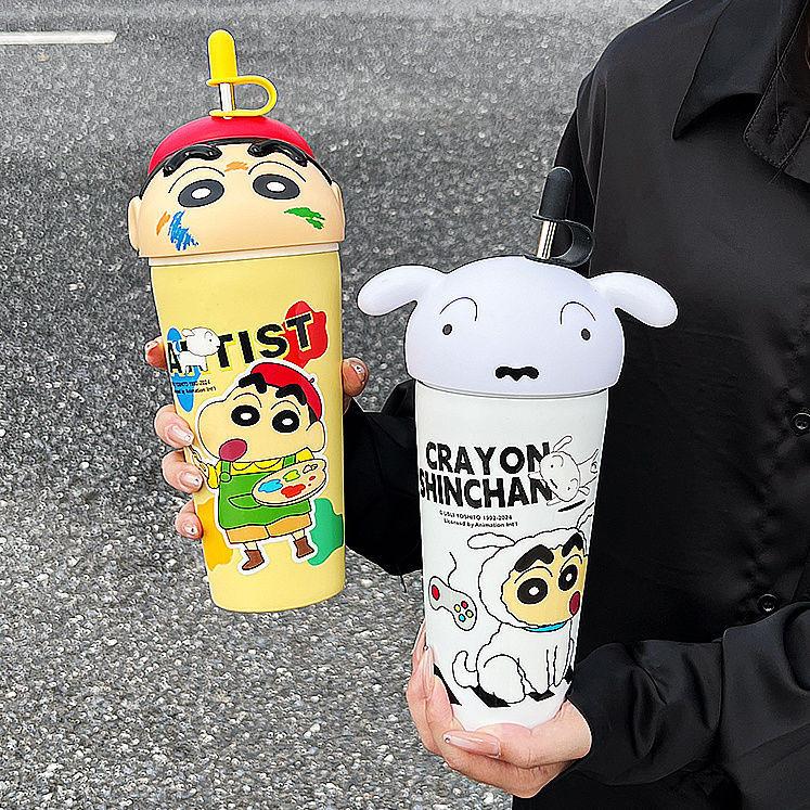 Bình Nước, Bút Chì Màu Shin Chan, Đầu To, Bình Giữ Nhiệt Ngớ Ngẩn, Dung Tích Lớn 600ml, Có Ống Hút, Cốc Quà Tặng 0