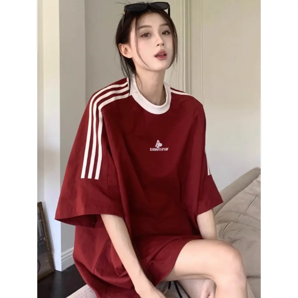2024 Red new style sports casual T-shirt women's summer loose mid-length contrast color letter BF short sleeves top Comfortable Soft Lingerie