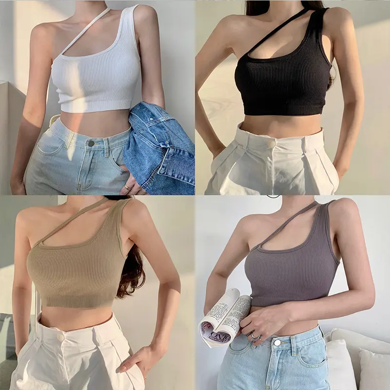 Sexy Navel Tops Solid Color Ribbed One Shoulder SleevelessFit Women's Cropped Tops Bandage Short Shirt