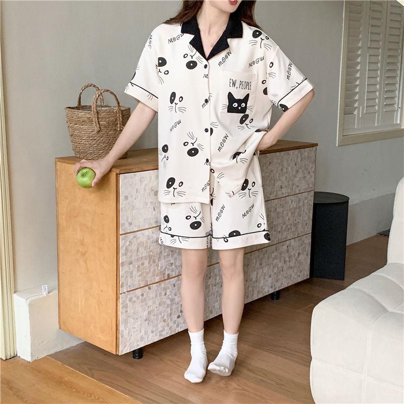 Product Introduction of Bộ Đồ Ngủ Mùa Hè Cho Nữ, Có Đệm Ngực, Áo Cardigan ngắn Tay, Quần Đùi, Bộ Đồ Mặc Ở Nhà Dễ Thương, Hàng Mới Về, Với Thiết Kế Hình Mèo, 2024 10
