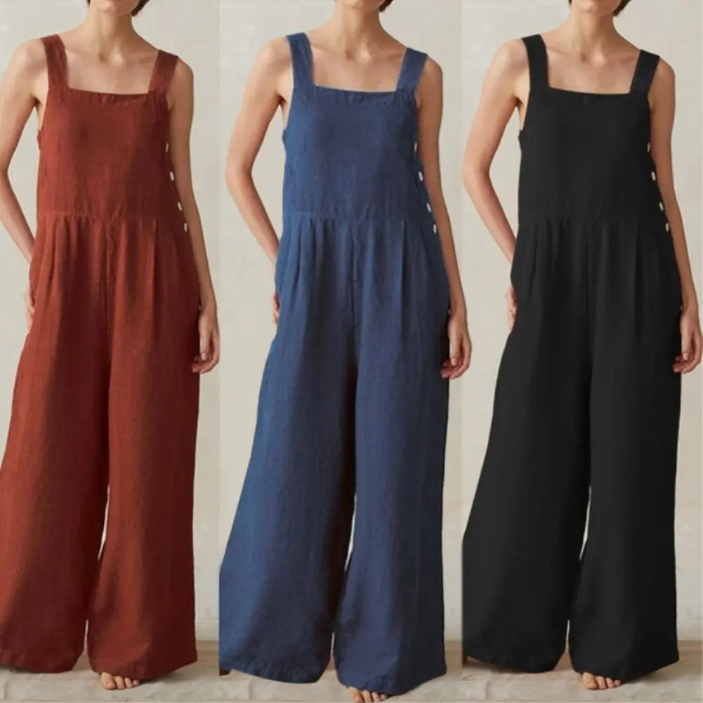 deransteh-Women Sleeveless Buttons Pockets Wide Leg Jumpsuit Bib Overall Work Clothes