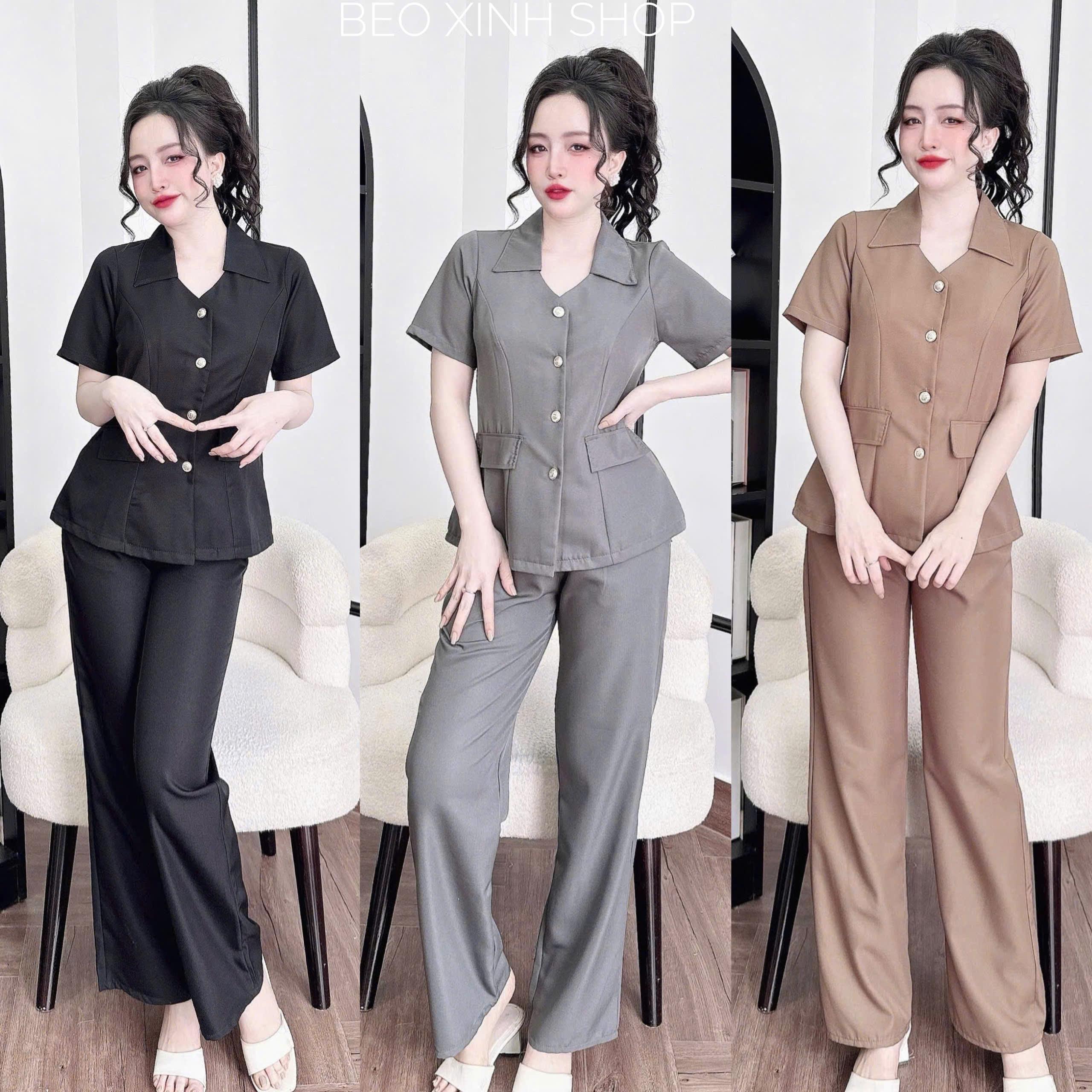 Set Quần Áo Cổ Vest Phối Túi Sang Trọng Vải Cotton Lạnh Thanh Lịch Cho Các Nàng 40 - 95Kg Nữ Top Women Xoè - A.1486