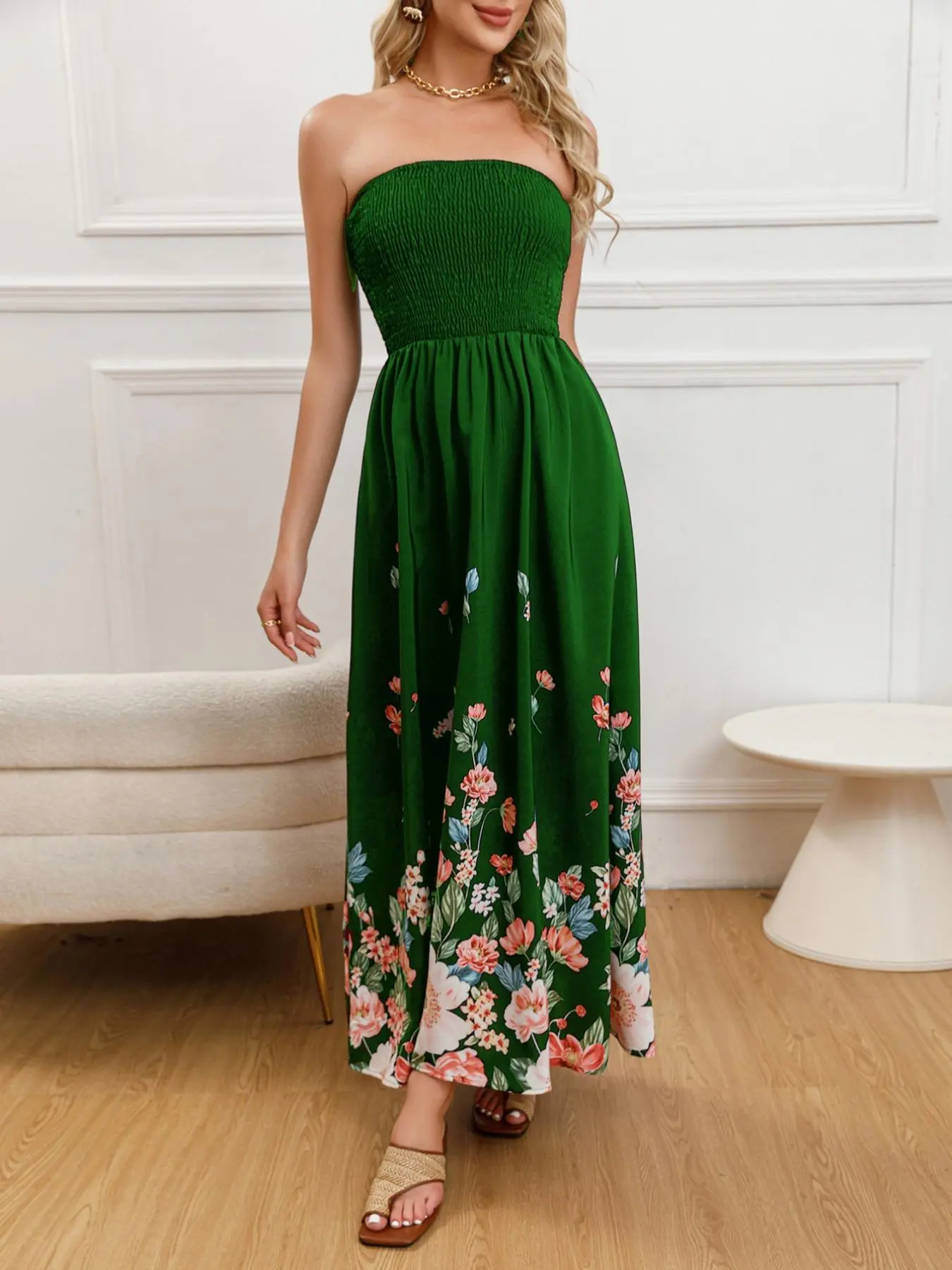 Women's Floral Print Shirred Tube Dress, Boho Fashion Strapless A Line Dress for Beach Holiday Vacation, Ladies Summer Clothes