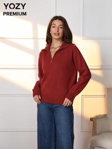 YOZY Women's Solid Zip Up Raglan Sleeve Sweater, Casual Long Sleeve Polo Neck Jumper for Fall & Winter, Fashion Ladies' Knitwear for Daily Wear