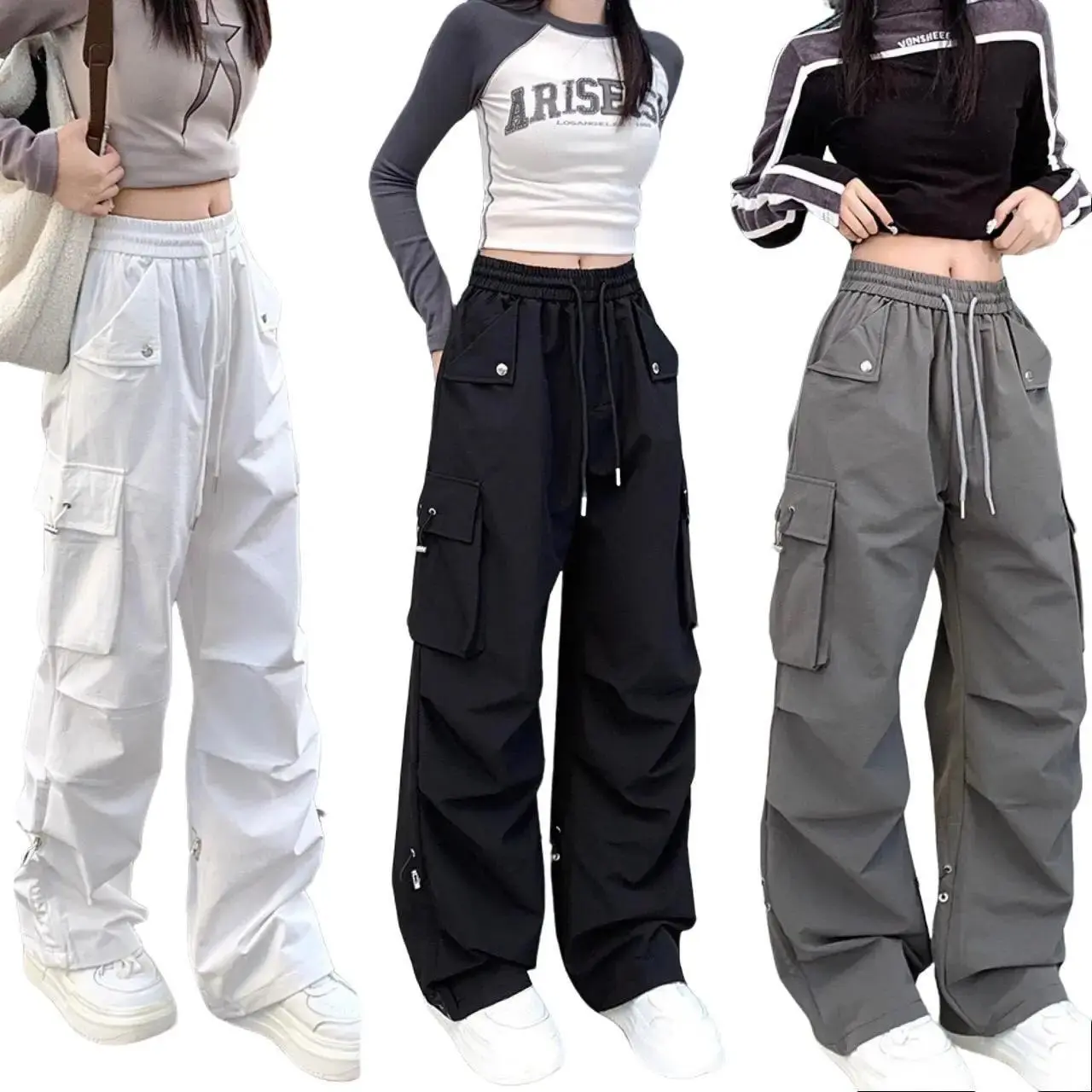 Quần ống rộng gập túi chất kaki, oze rút, 3 màu Nữ Women Pants Ong Tim Nhung Voi