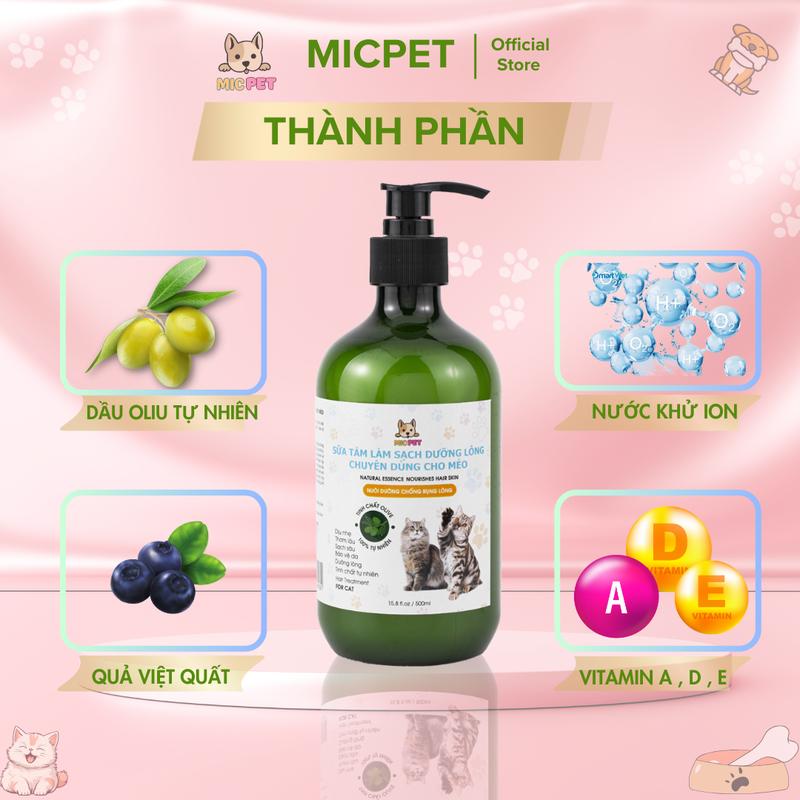 Combo Báo Đời MicPet [Sữa Tắm Cho Mèo 500ml Dưỡng Lông Bảo Vệ Da Sạch Ngừa ve rận nấm ghẻ  + Dung Dịch Nhỏ tai vệ sinh sạch tai phòng viêm tai Chó Mèo chai to 60ml] Tặng bàn chải Kỳ Lông|Voucher 20k 2