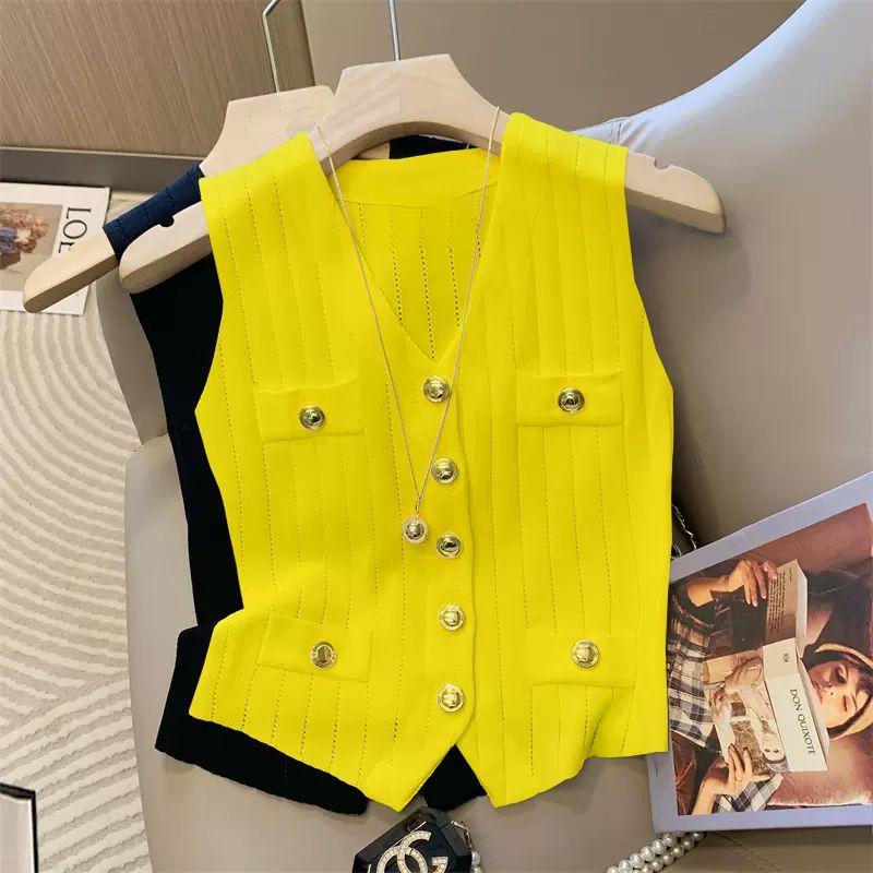 Product Introduction of Áo Vest Dệt Kim Lụa Lạnh Cổ Chữ V, Phong Cách Sang Trọng Kiểu Pháp, Không Tay, Dành Cho Nữ, Hàng Mới Về Mùa Hè 2024 Women Top 5