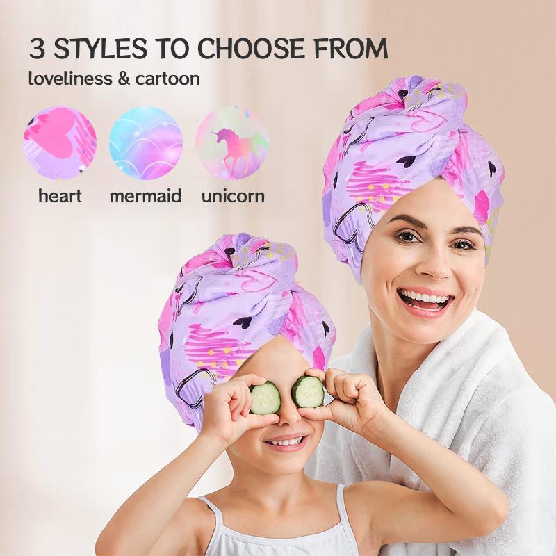 Hair Towel Wrap with Button, 1 Set Cute Cartoon Pattern Hair Drying Towel, Water Absorbent Hair Towel for Kids 7