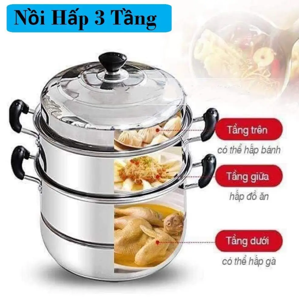 Inox   28CM Tặng Kèm Xửng ,  Được Dùng Cho Cả Bếp Ga, Bếp Từ nồi hấp 3 tầng
