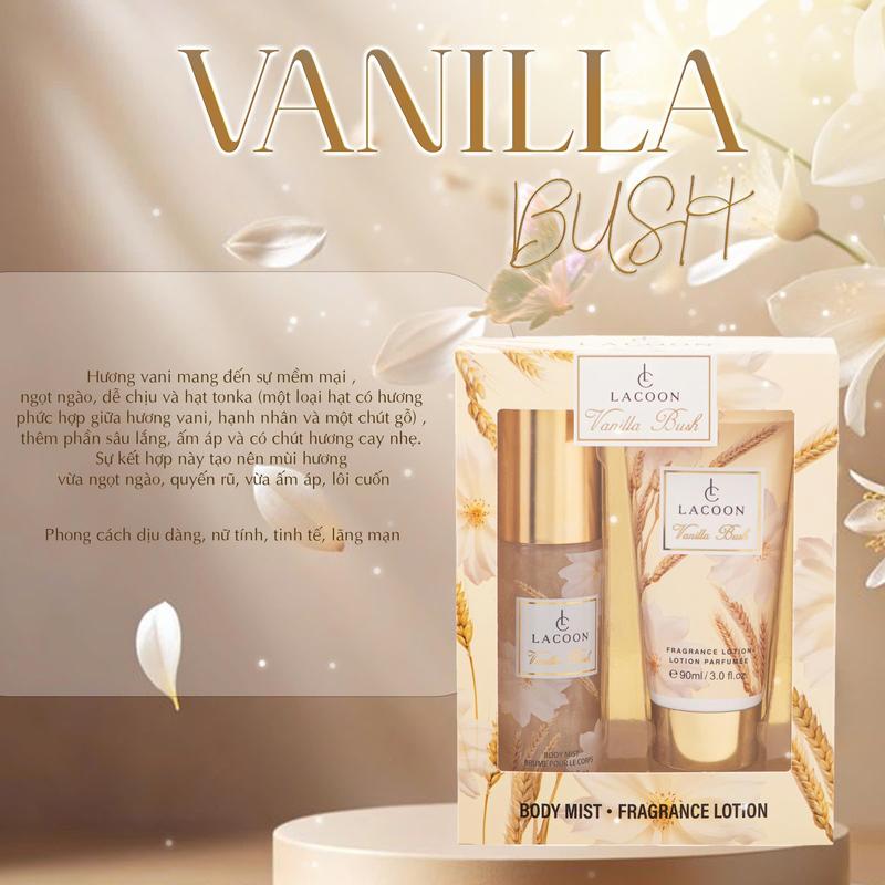 COMBO Bodymist và Body Lotion LACOON hương Vanilla Bush	xịt thơm toàn thân và dưỡng tay giúp da mềm mại cả ngày Nữ