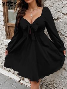 YOZY Women's Plain Tie Front Flounce Sleeve Dress, Casual Sweetheart Neck Long Sleeve A Line Dress for Daily Wear, Ladies Clothes for All Seasons