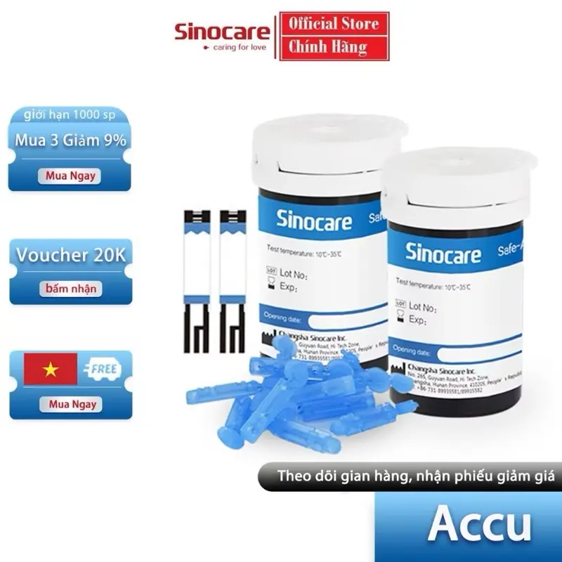 ￼Que Thử Đường Huyết Hộp 50 Que Safe Accu Tặng Kèm 50 Kim Chính Hãng Sinocare
