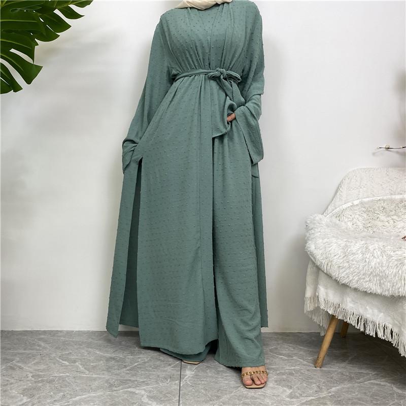 Product Introduction of Robe Three-Piece Set Long Cardigan Sleeveless Top and Pants with Pockets Muslim Islamic Clothing 1958 11