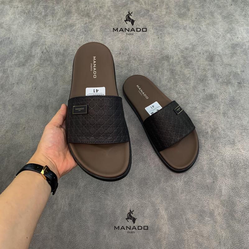 [Bản Khâu Quai] MANADO - Dép nam quai ngang dê cao cấp, quai da mềm mại, đế cao suu 2 lớp khâu chắc chắn - Dép MANADO Mã MND20 nâu đen fullbox. Slipper DéP Hoa Đế Bằng Ngọc