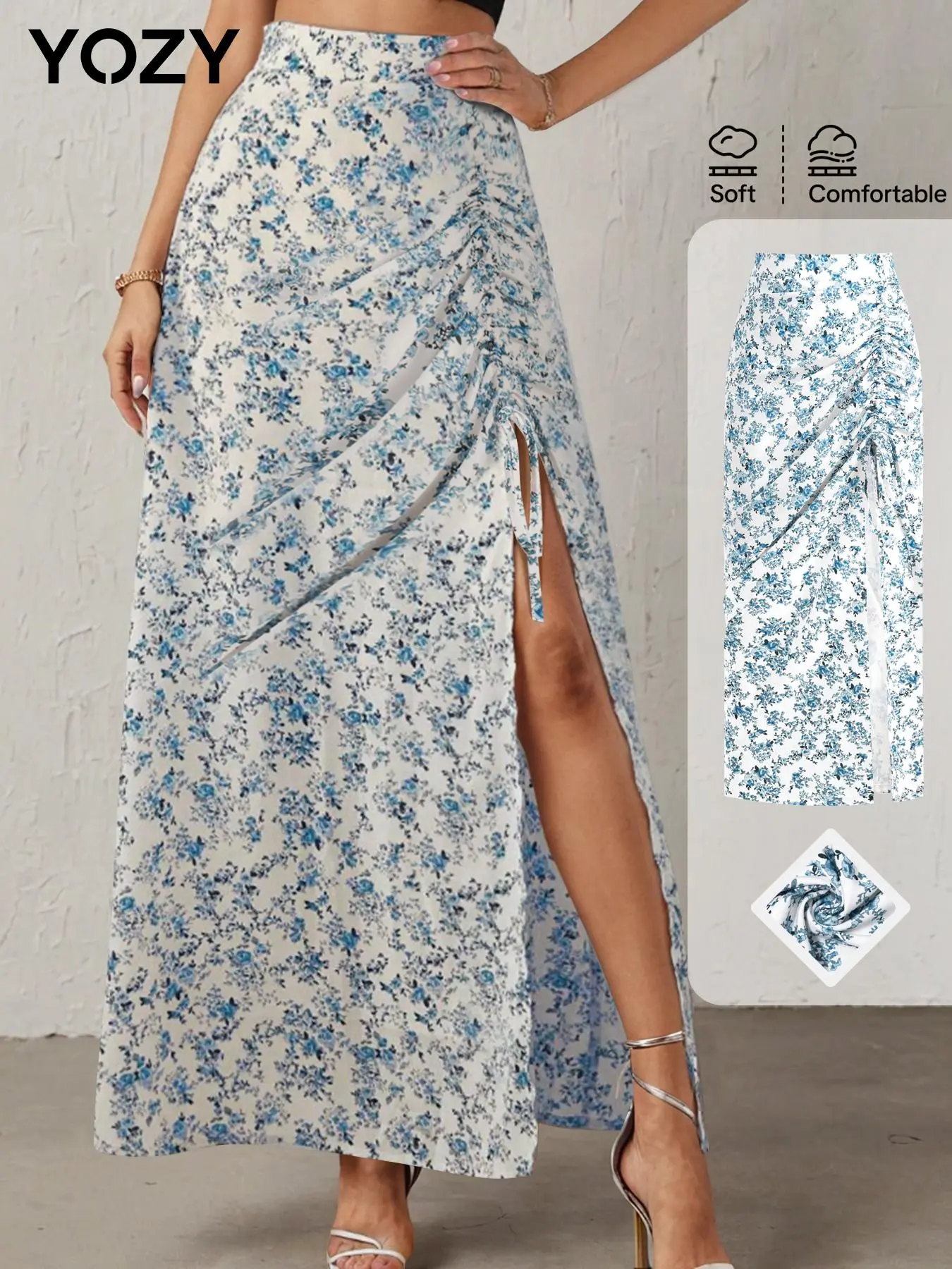 YOZY Women's Ditsy Floral Print Ruched Split Thigh Skirt, Elegant Fashion Casual Zipper Long Skirt for Daily Outdoor Wear, Women Bottoms for Summer