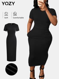 YOZY Women's Plain Pocket Ribbed Bodycon Dress, Casual Short Sleeve Round Neck Midi Dress for Daily Wear, Ladies Clothes for All Seasons