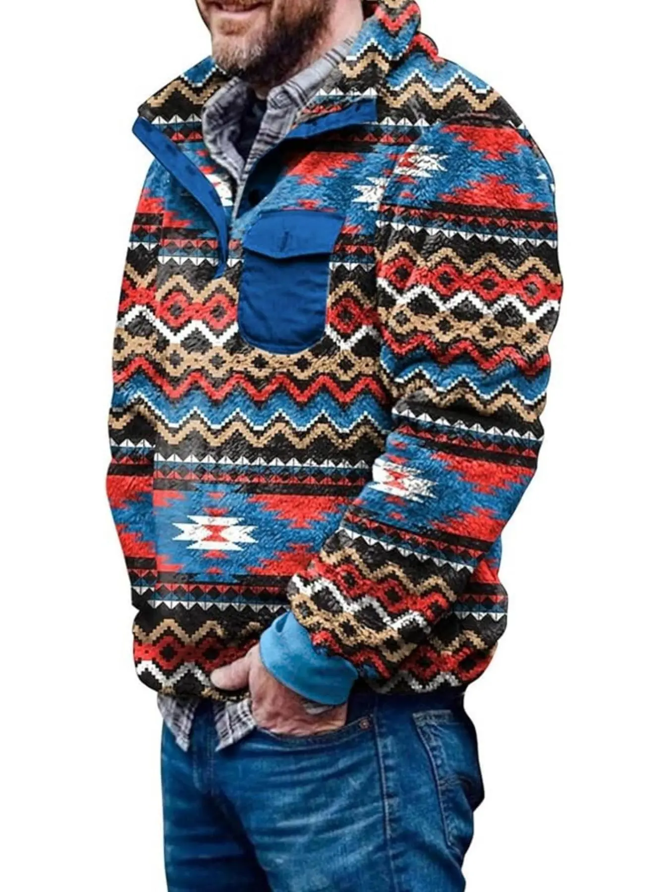 Men's Ethnic Pattern Half Button Flap Pocket Polar Fleece Sweatshirt, Loose Casual Long Sleeve Stand Collar Pullover for Fall & Winter, Men's Clothes for Daily Wear, Coat