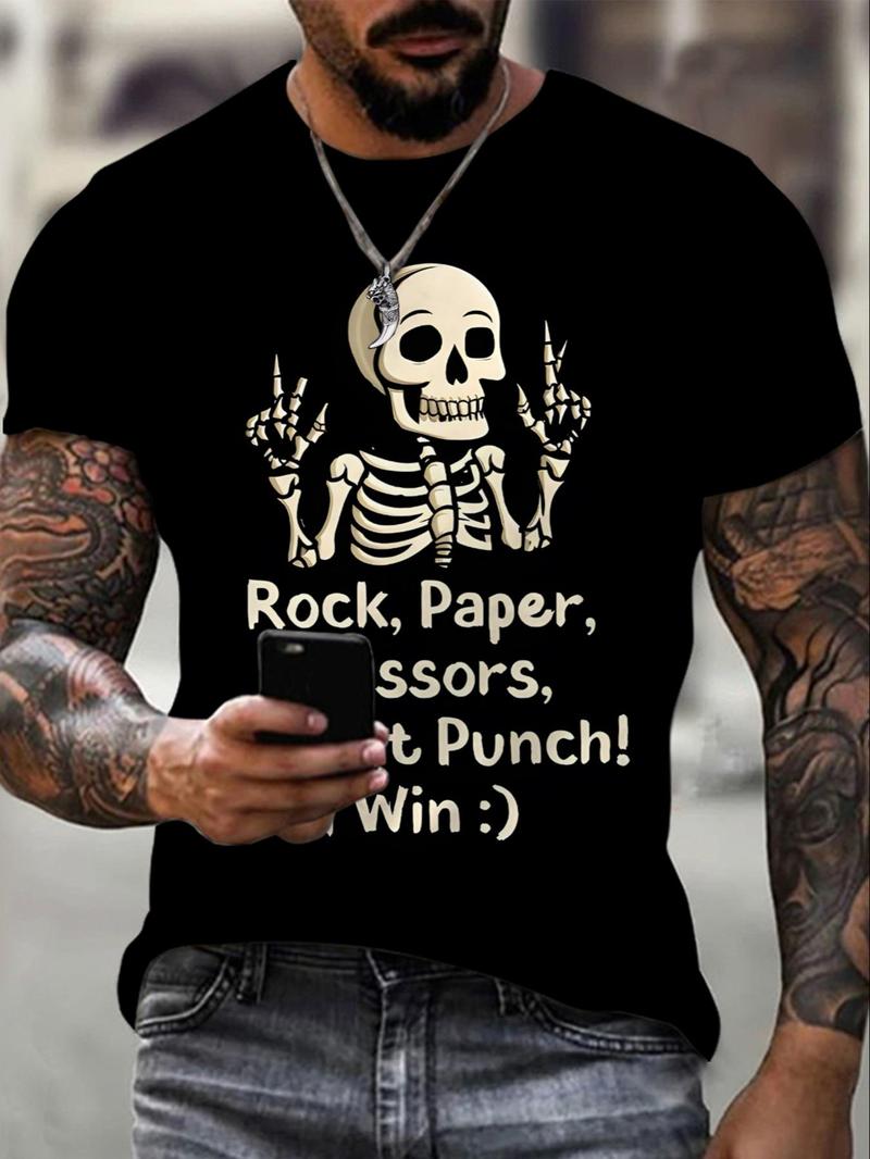 Product Introduction of Plus Size Men's Street Style Skeleton Graphic Print Round Neck Tee, Regular Fit Casual Comfy Street Fashion Short Sleeve Crew Neck T-shirt for Daily Wear, Men's Plus Size Clothing for All Seasons 7