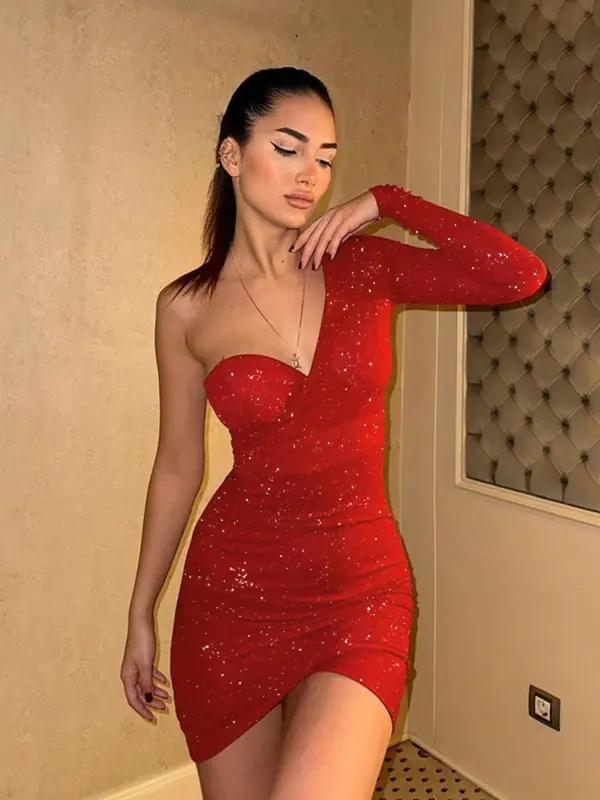 Women's Glitter Ruched Wrap One Shoulder Bodycon Dress, Classy Elegant Asymmetrical Sleeve Short Dress for Party Club Dating Wear, Women's Clothing for Fall & Winter 3