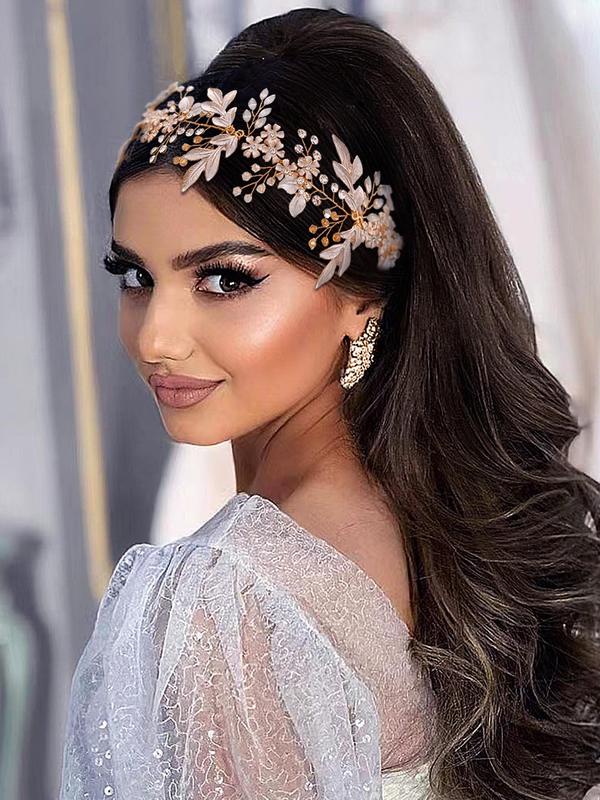 Women's Elegant Rhinestone Decorated Headwear,  Exquisite Trendy Flower & Leaf Design Headwear, Fashionable Hair Accessories for Wedding Party 3
