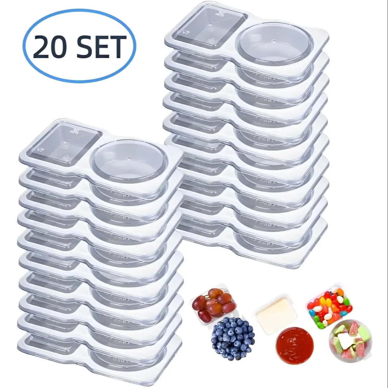Double Compartment Sauce Container with Lid, 20pcs Disposable Storage Sauce Cup, Reusable Food Preservation Container for Home Kitchen
