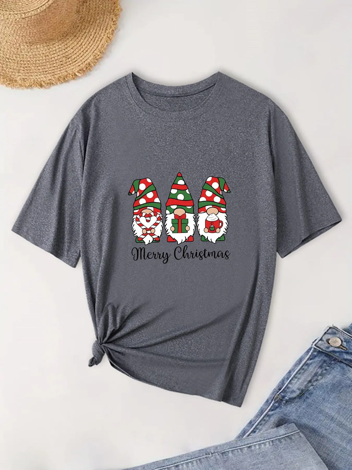 Plus Size Cartoon Gnomes Print Round Neck Christmas Tee, Casual Short Sleeve T-shirt for Summer, Women's Plus Clothing for Daily Wear