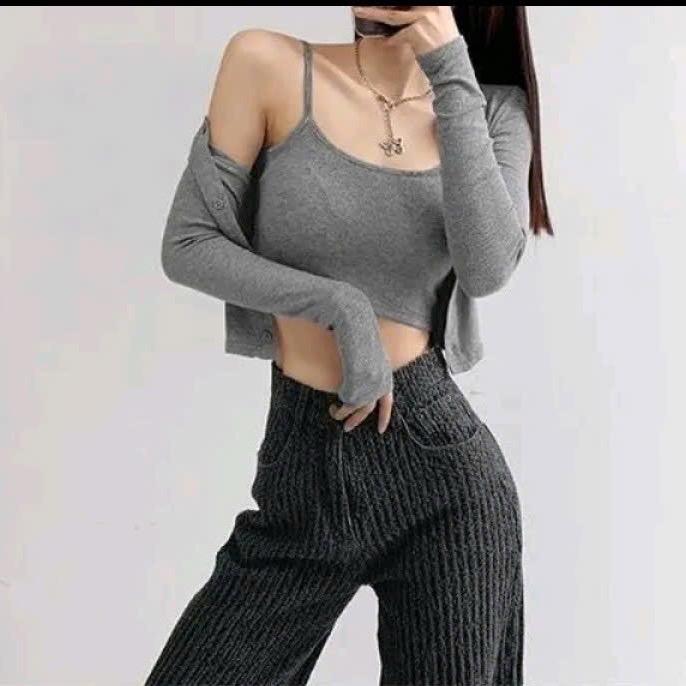 Sét Áo Hai Dây + Áo Khoác Cardigan Dáng Croptop Chất thun gân mềm mịn 3