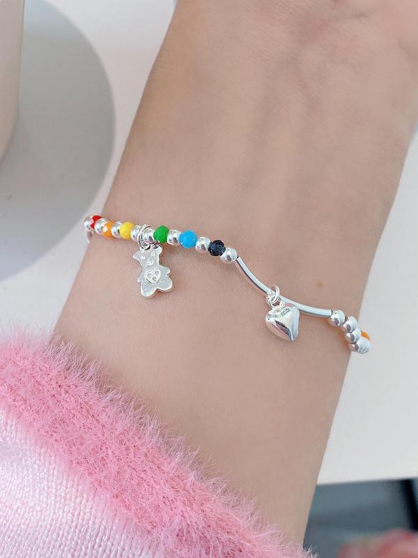 S925 Sterling Silver Cute Bear & Colorful Beads Decor Bracelet, Fashionable Jewelry for Women & Girls, Trendy All-match & Exquisite Jewelry for Birthday Gift 5