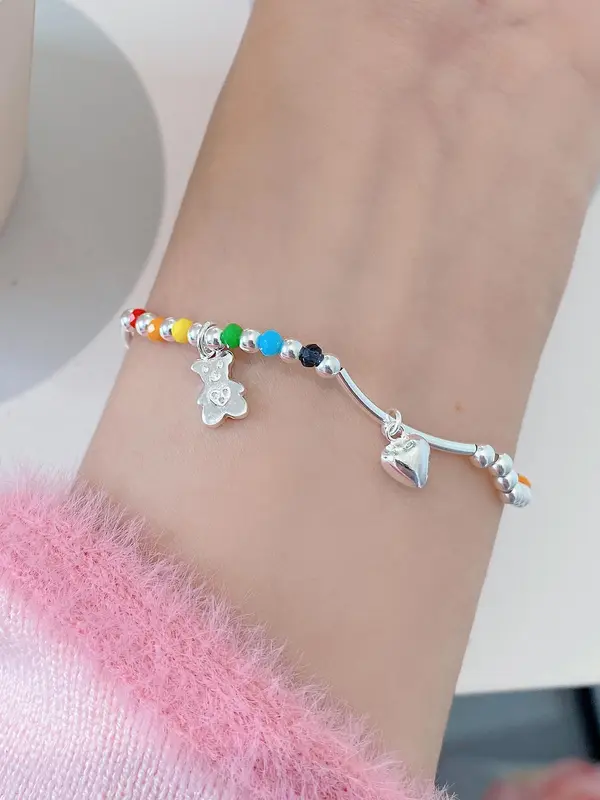 S925 Sterling Silver Cute Bear & Colorful Beads Decor Bracelet, Fashionable Jewelry for Women & Girls, Trendy All-match & Exquisite Jewelry for Birthday Gift 5