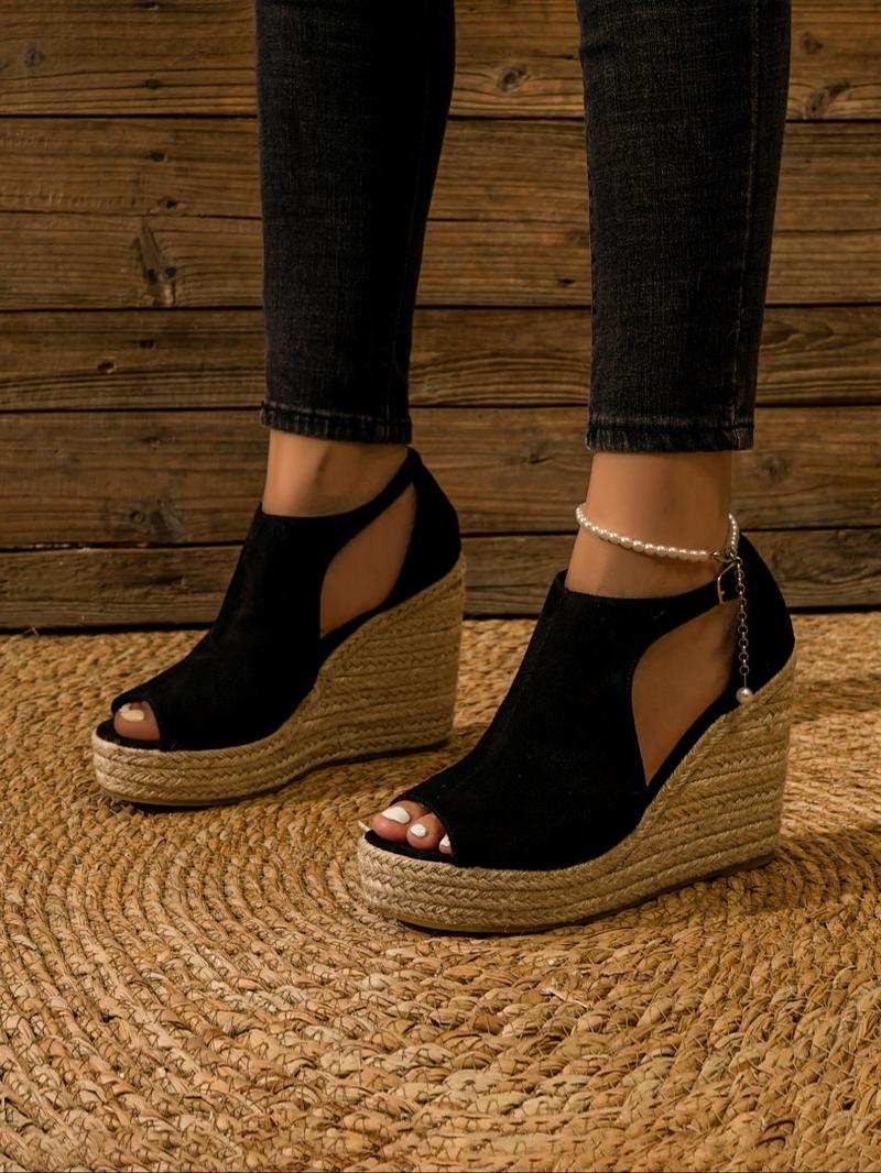 Product Introduction of Women's Fashionable Espadrille Peep Toe Wedge Sandals, Trending Sandals, Casual Hollow Out Design Buckle Decor Flatform Shoes, Beach Party Vacation Footwear, Fashion Shoes for Daily Clothing Decor 1