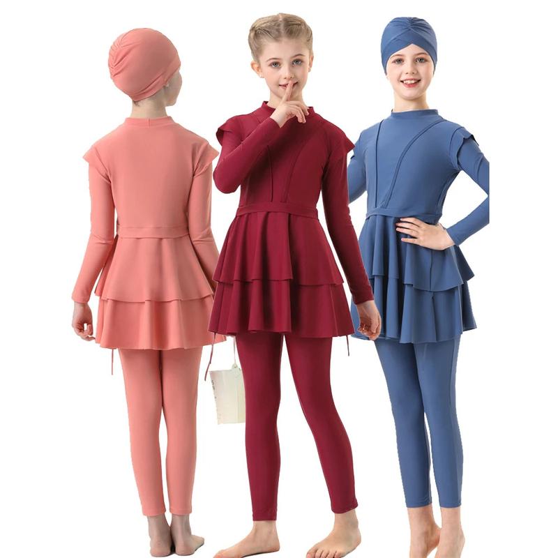 Product Introduction of New 2024 Islamic Dubai Modest Abaya 3 Piece Set Black Burkini Muslim Kids Swimwear Girl With Swim Cap Femme Musulmane Clothing 1