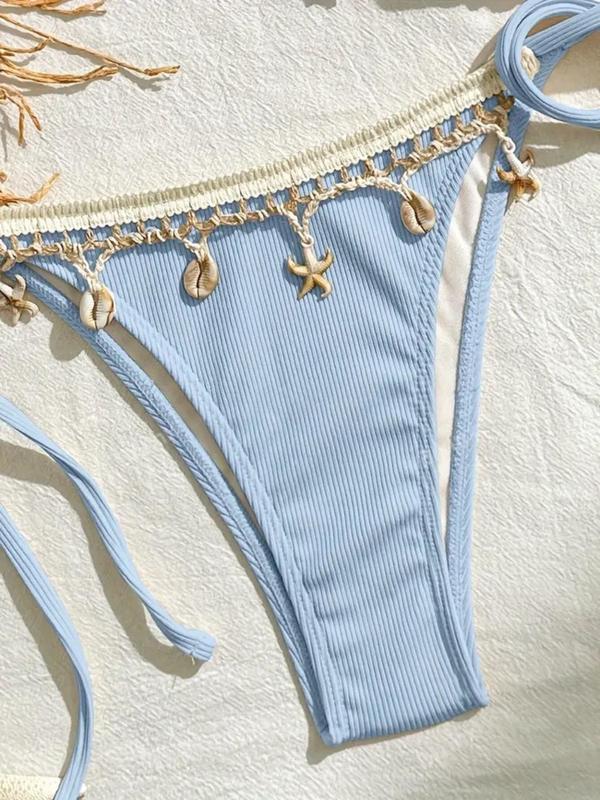 Women's Solid Color Starfish & Conch Decor Halter Triangle Bikini Set, High Stretch Casual Fashion Tie Back Backless Swim Top & Tie Side Swim Bottom, Ladies Swimsuit for Beach Holiday Vacation 5