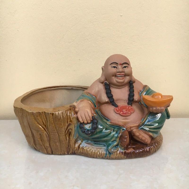 GV. Chậu tượng Di lạc cầm thỏi vàng men rạn và men xanh ngọc gốm Bát tràng 1 size CT-32 Decor Decor Phòng