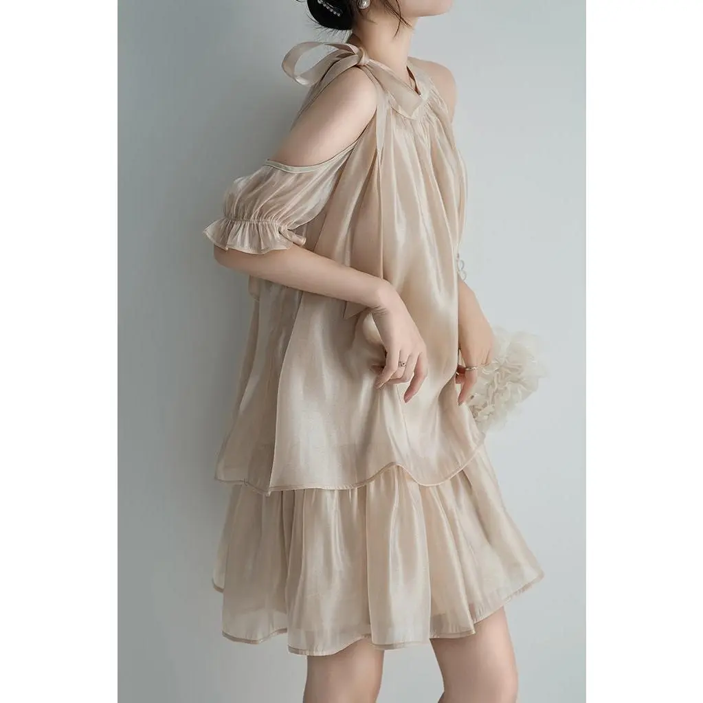 [Restock] Band Collar Shoulder-Baring Tiered Dress with Lining