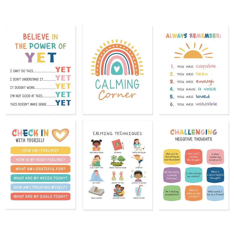 Cartoon Pattern Wall Art without Frame, 6 Counts/set Colorful English Motivational Wall Decor, Modern Canvas Wall Art for Home Living Room Bedroom 0