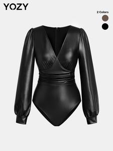 YOZY Women's Solid Ruched Zipper Back One-piece Bodysuit, Casual Long Sleeve V Neck Bodysuit for Daily Wear, Ladies Clothes for All Seasons