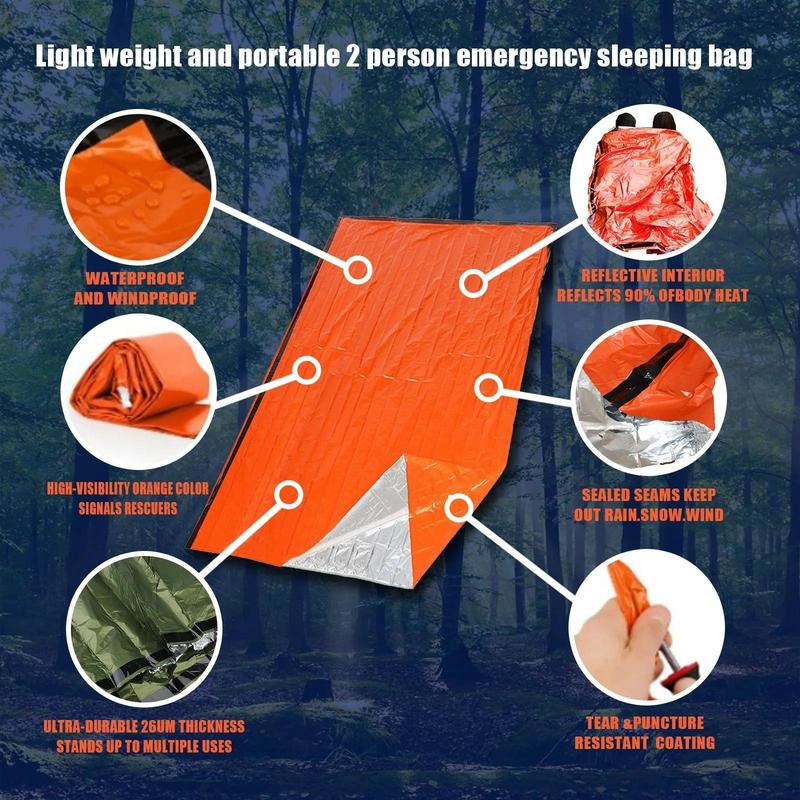 Orange Sleeping Bag with Whistle, 2 Counts Waterproof Windproof Winter Hiking Camping Tactical Blanket, Outdoor Emergency Sleeping Bag 2