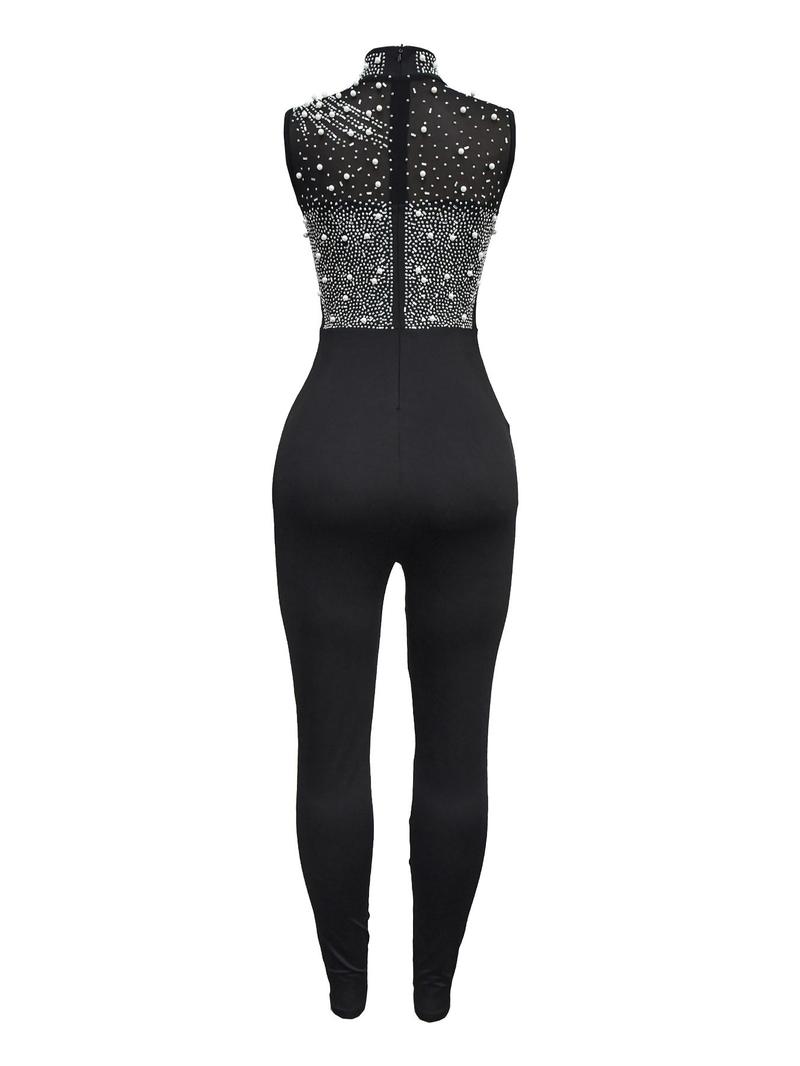Product Introduction of Women's Rhinestone Decor Sheer Mesh Jumpsuit, Elegant Mock Neck Sleeveless Jumpsuit for Party Club Dating, Women's Clothing for Fall 3