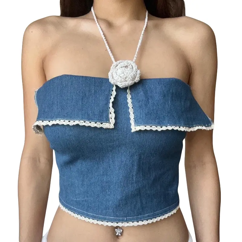 Women's Summer Halter Tank Tops Lacy Trim 3D Flower BacklessFit Show Navel Cropped Shirt Polyester Sleeve