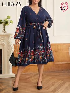 CURVZY Plus Size Floral Print Belted Lantern Sleeve Dress, Elegant V Neck A Line Dress for Daily Outdoor Wear, Women Plus Clothing for All Seasons