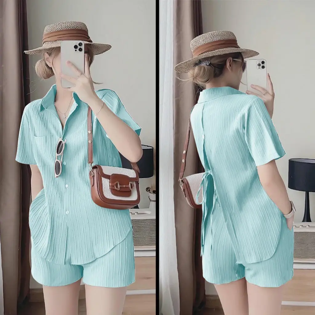 Bộ đũi gân quần đùi áo sơ mi buộc nơ sau siêu xinh Mã (B216) Nữ Women Voi Nhung