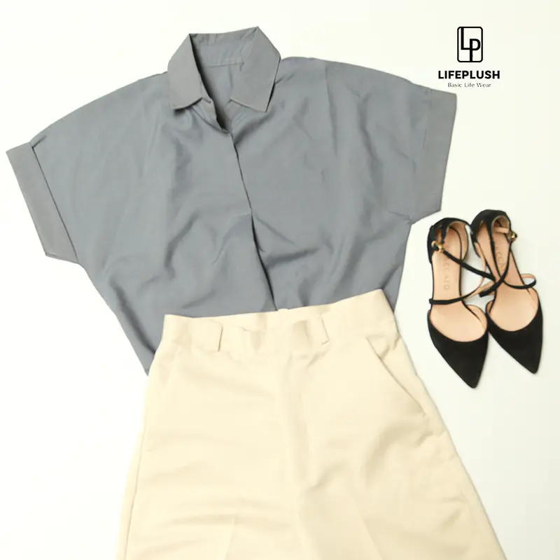 Blouse Baju Atasan Kemeja Wanita  Cotton Basic Casual Jimin Top Kerah Korean Style Lengan Pendek LIFEPLUSH- B1014 Jimin 3