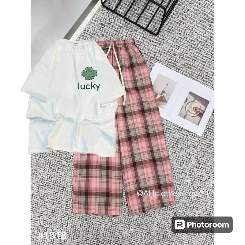 Set bộ áo phông form rộng + Quần kê caro màu hồng ống rộng hack dang__Trungshop 99 set thường