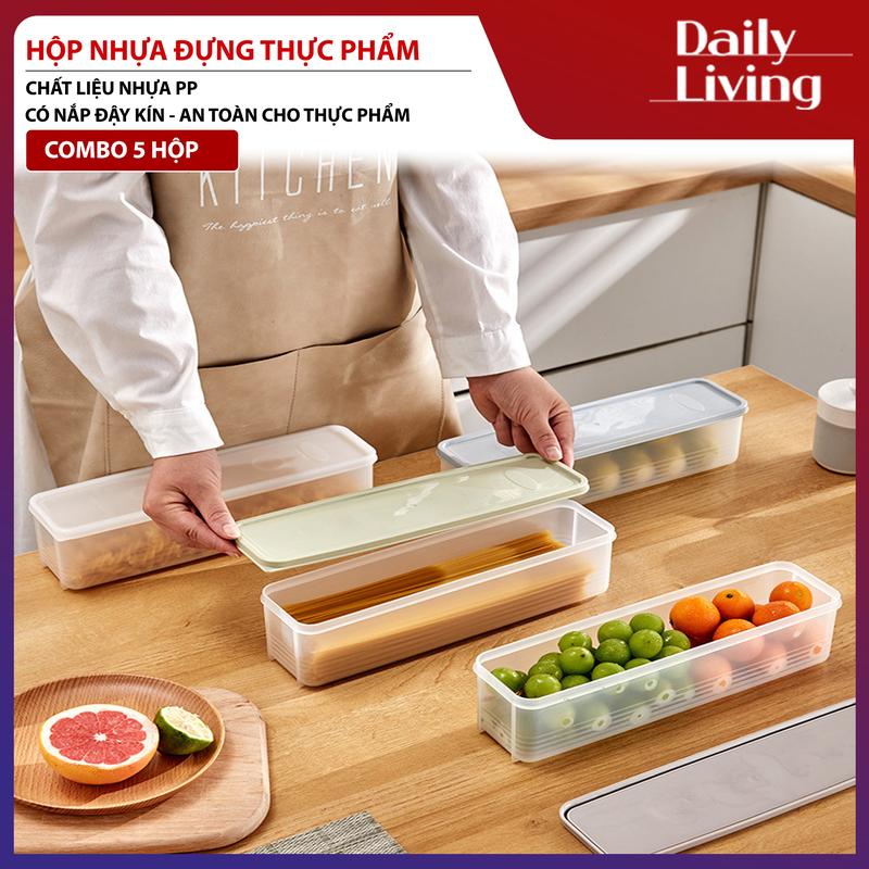 COMBO 5 Hộp Hộp Nhựa Đựng Thực Phẩm DLS Hộp Bảo Quản Hoa Quả, Rau Củ, Thức Ăn, Mì Ý, Đồ Khô Có Nắp Đẩy Chống Ẩm Mốc An Toàn Cho Thực Phẩm