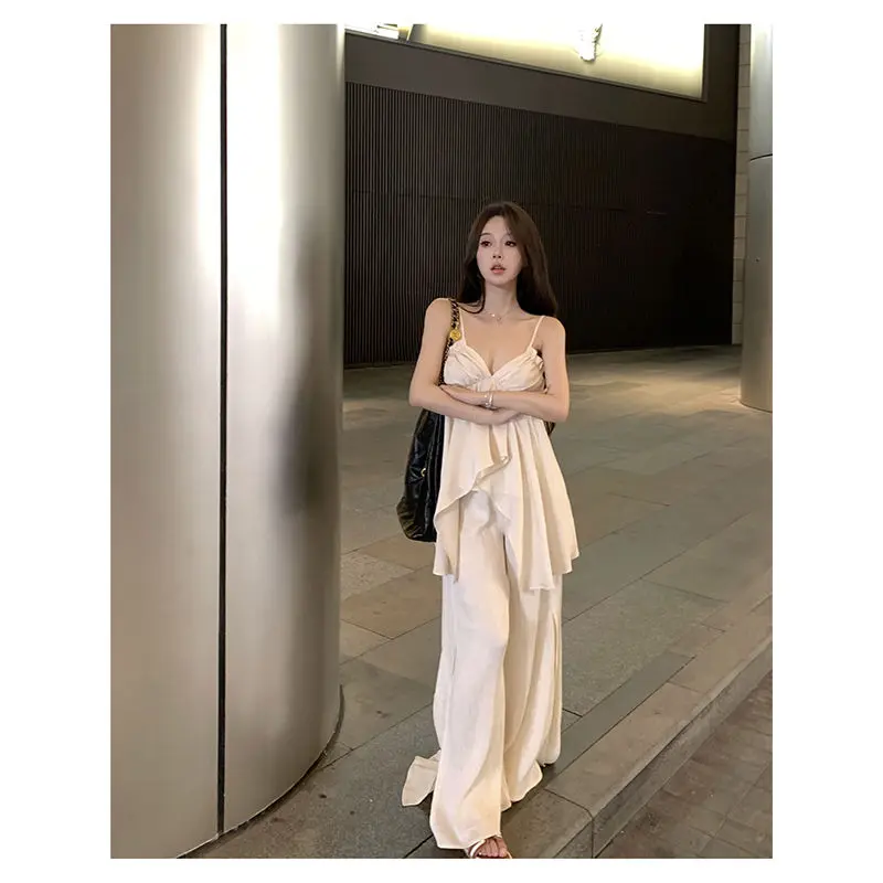 【SS24】Beige Irregular Spaghetti-Strap Top Women's V-neck  lady  Pure Desire Wide-Leg Pants High Waist  fashion Casual Slipper-3132