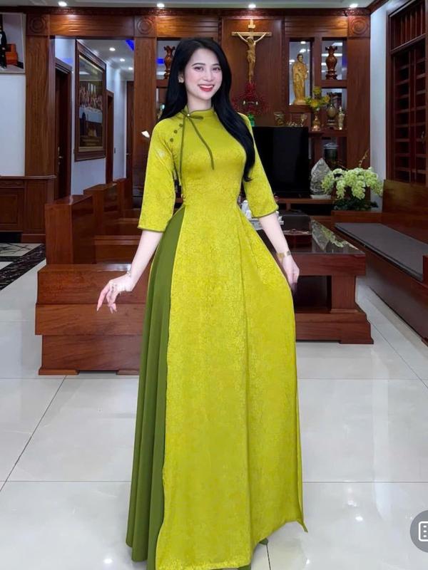 Áo dài truyền thống MINH KHUÊ chất liệu gấm cổ lệch phối nơ tay lỡ 3